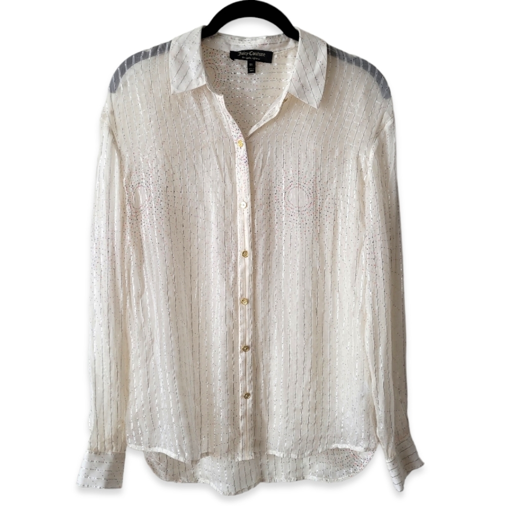 Juicy Couture Silk Button Down Shirt Sheer w Metallic Fiber Pinstripes XS